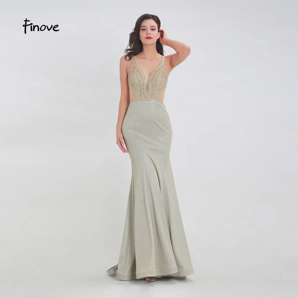 Finove Prom Dress 2020 Long New Reflective Sexy V Neck Beading Crystal See Through Back In Womenɽresses vestido de fiesta | Свадьбы и