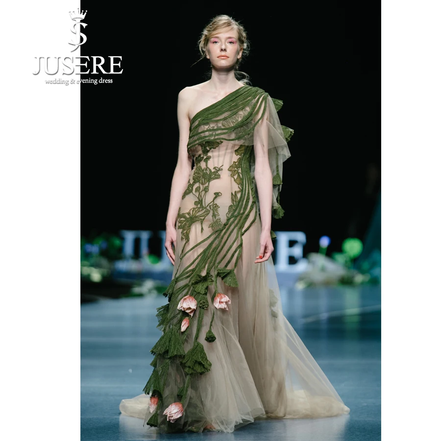 

JUSERE 2019 SS FASHION SHOW Green Long Prom Dress Embroidery Lace One Shoulder Prom Dresses Dress Robe De Soiree Formal Gowns