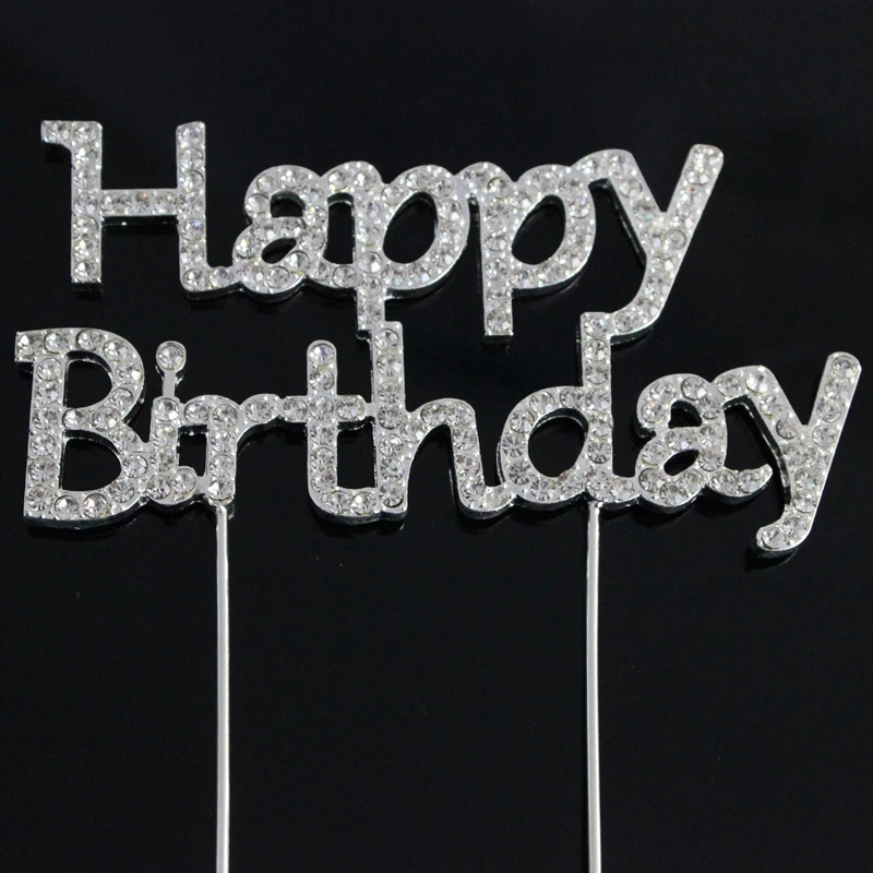 

Metal Rhinestone silver Happy Birthday Decoration Paper Cake Topper Baby Shower Party Favor/Supplies