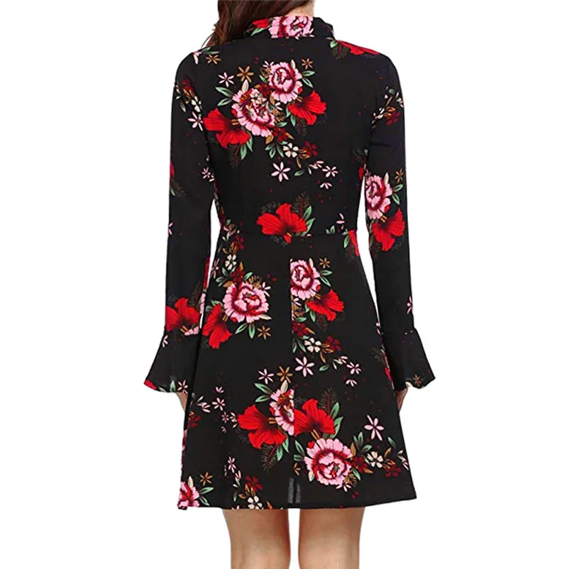 Fashion Autumn summer dress 2018 casual Flare elegant dress Long Sleeve O-Neck Floral Printed Mini party Dress vestido A27#N (4)