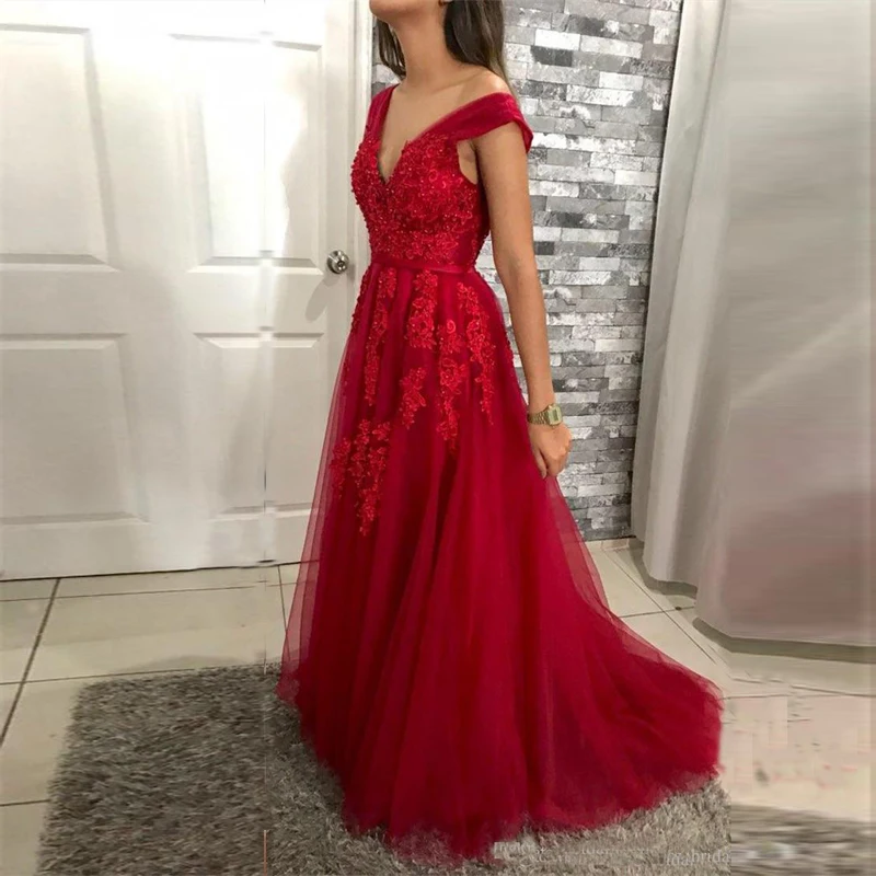 

Sexy Evening Dresses 2019 Deep V-neck Lace Appliques Long Backless Prom Dresses Sweep Train Tulle Vestidos De Fiesta