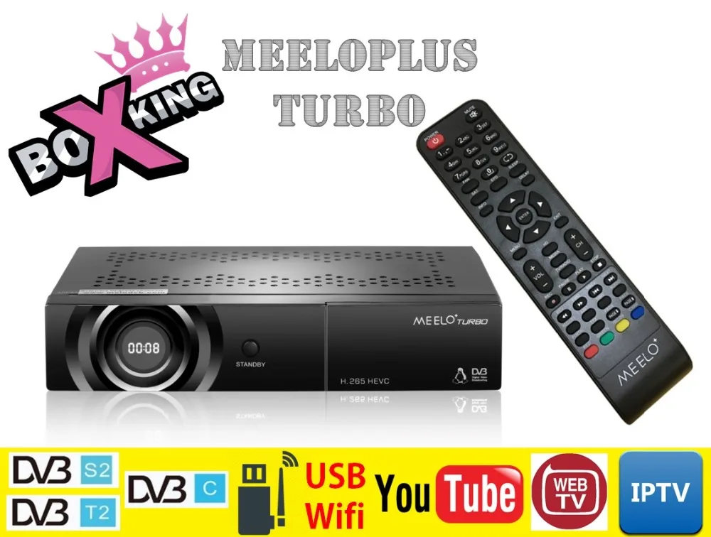 

MEELOPLUS Meelo + Turbo DVB-S2/T2/C Linux Support Youtube IPTV WebTV 7 Segment-4 Digits Display Set Top TV Satellite Receiver