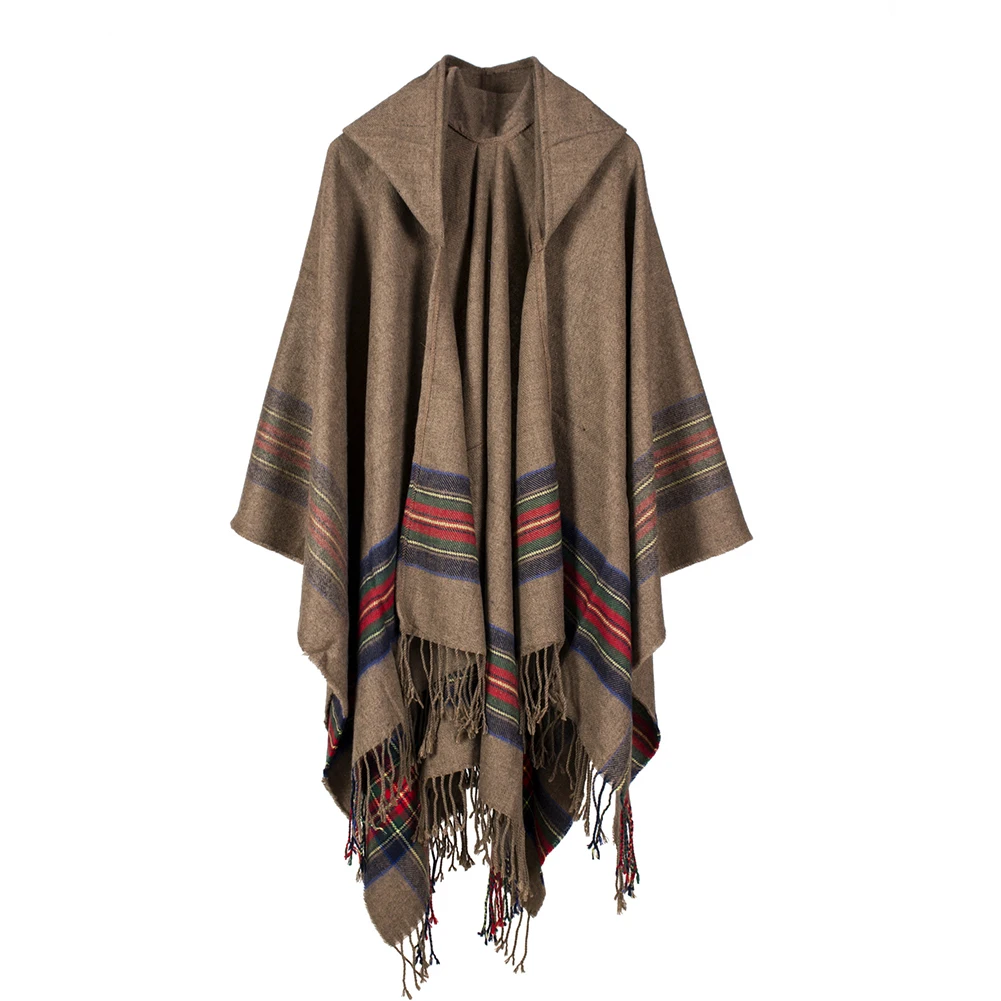 

Colorful Stripes Tassel Hooded Poncho Cloak Warm Women Cape Fashion Outwear