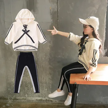 

Girls' 2 PCs Pants Suit Preppy Style Long Sleeve Casual Hooded Set Girls Autumn Set 2018 New Style Korean-Style 7/tide Clothes 8