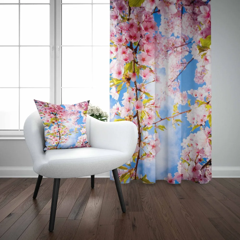 Else Blue Sky Pink White Flowers Tree Spring 3D Print Living Room Bedroom Window Panel Curtain Combine Gift Pillow Case | Дом и сад