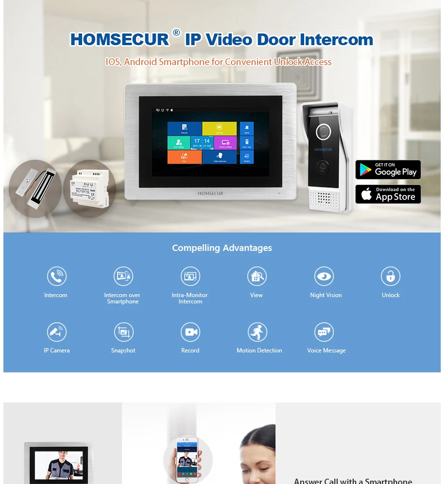 Homssecur 7 "Hands-free IP RJ-45 проводной видео и аудио Домашний домофон с обнаружением движения для домашней безопасности