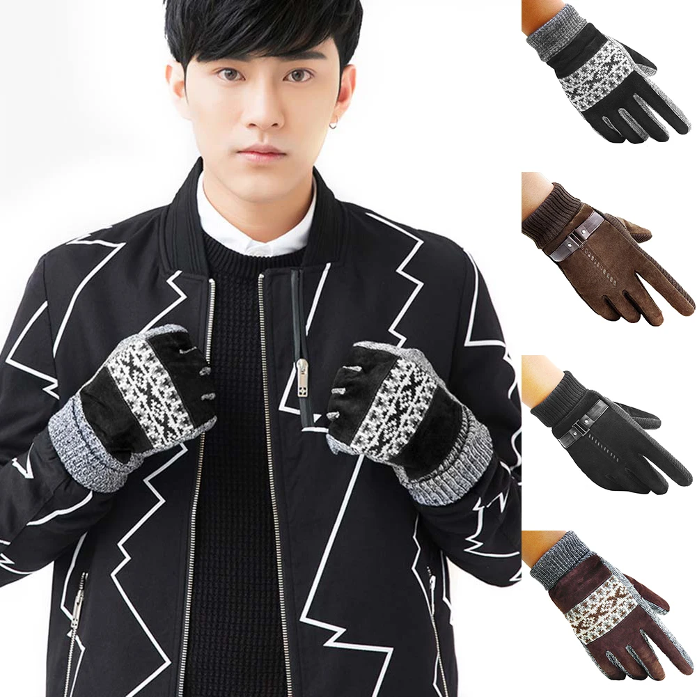 Men Winter Thick Knitted Leather Warm Mittens Motorcycle Gloves Xmas