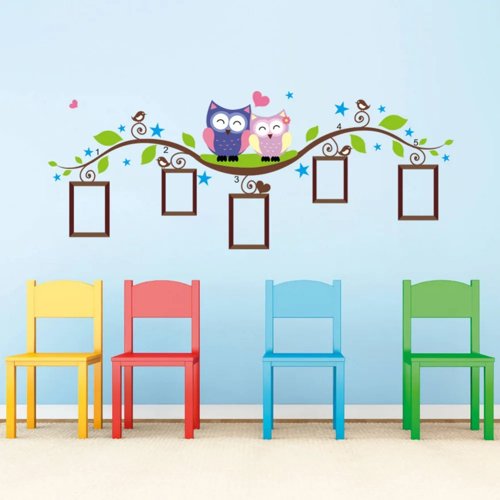 Couple owls photo frame wall stickers for kids room cartoon animal