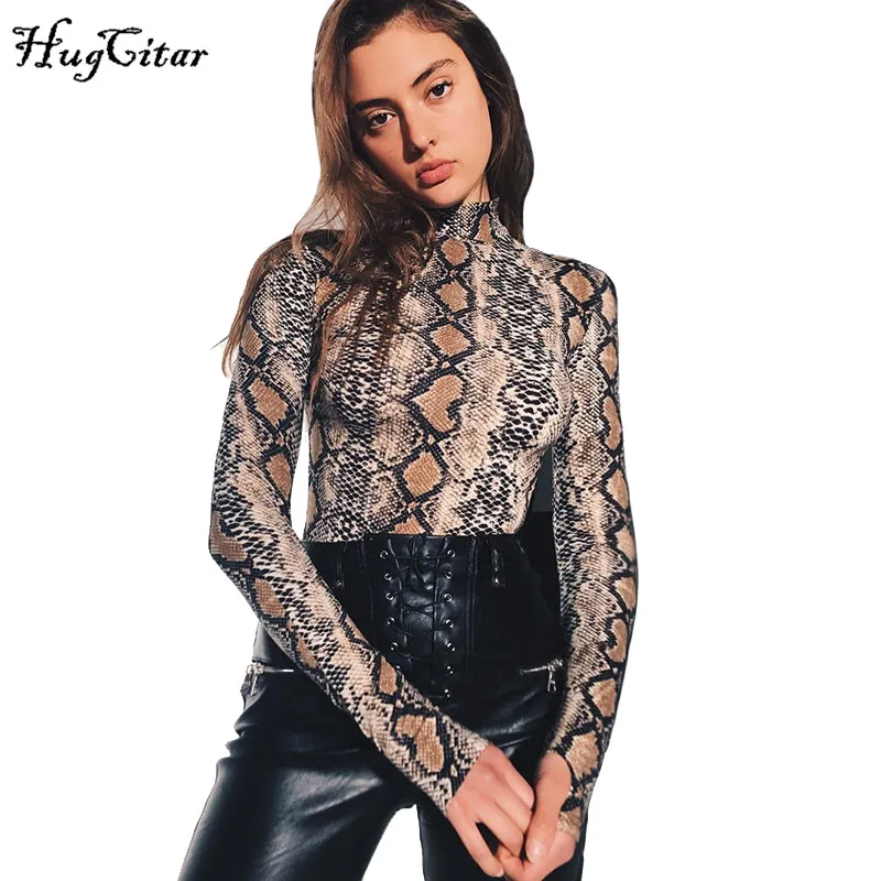 Günstige Hugcitar schlange haut druck langarm hohe hals ausgestattet bodys 2019 herbst frauen streetwear kleidung sexy snakeskin körper