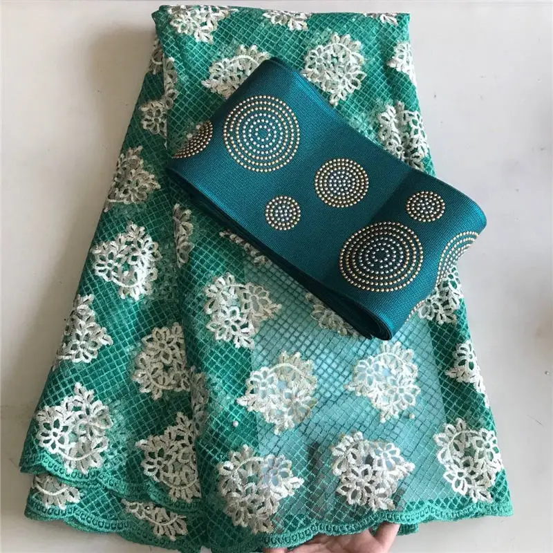 

African Aqua French Lace Fabric With Beads Aso Oke Headtie Embroidery Nigeria French Lace Fabric With Aso Oke For Women Dress 30