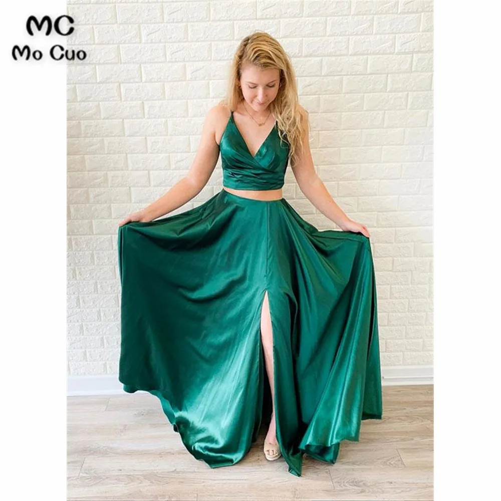 Green two pieces long prom dress, green evening dress (2)