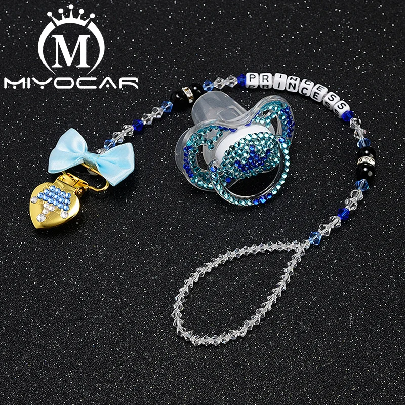 

MIYOCAR custom name bling blue crown pacifier clip pacifier holder dummy clip with bling crown pacifier set unique gift SP011