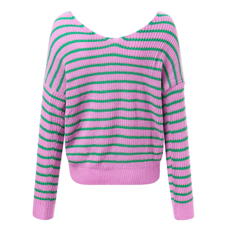 NEW Fashion sweater women winter 2018 Casual Solid Knitted Striped Sweater Back Tie Long Sleeve Pullover Top Blouse O05#N (5)