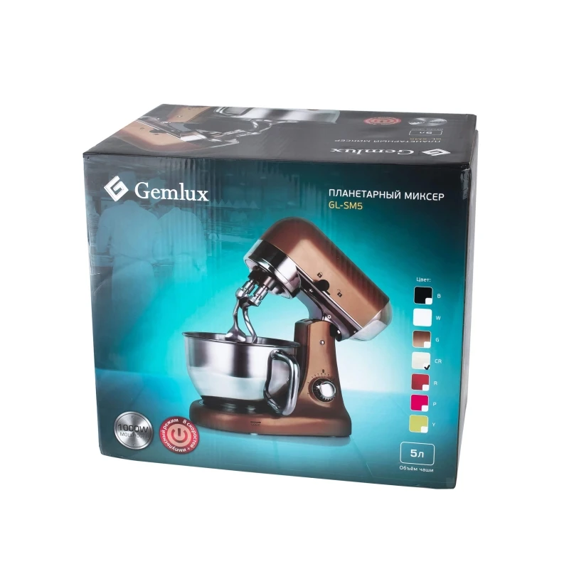Миксер GEMLUX GL-SM5CR (мощность 1000 Вт, 8 скоростей, чаша из нержавейки 4,5л, двойной крюк для теста, плоский битер, венчик)