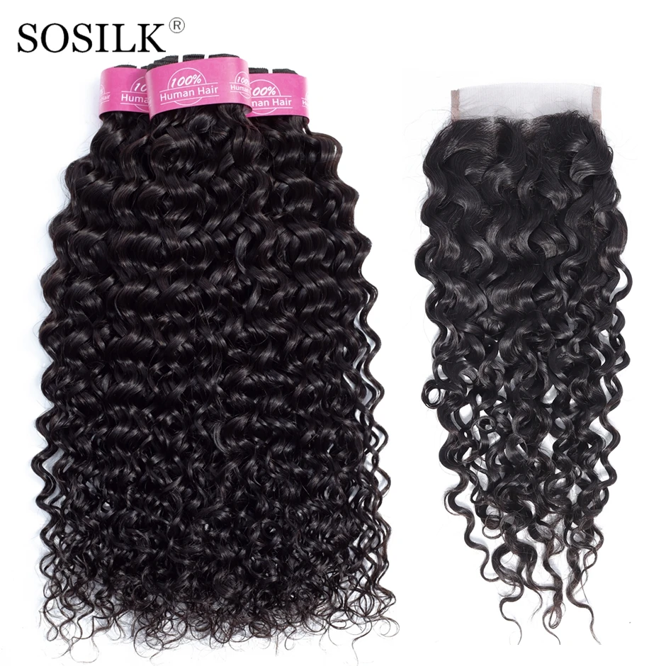 

Brazilian Hair With Closure Water Wave Human Hair Bundles With Closure 4x4 Free Part Non Remy Hair Weaving Bundles Extension