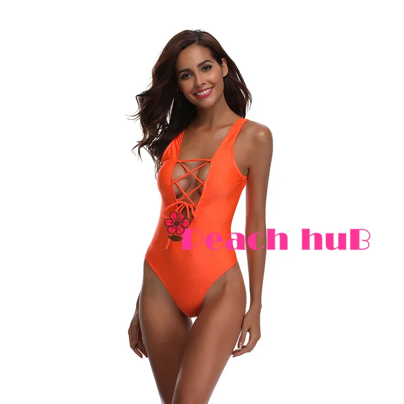 Swimsuit 2019 Orange Sexy Bandage Vintage One Piece Swimsuit Women Cut out Monokini Swim Suits Swimwear Women (1)