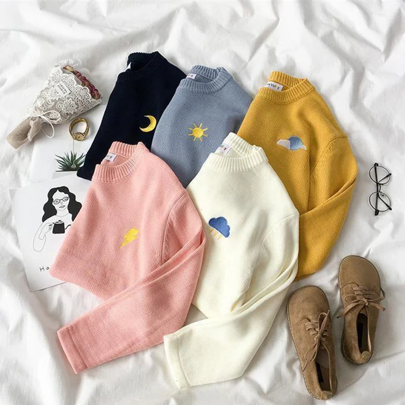 

2019 New Women's Korean Ulzzang Loose Oversized Sun Clouds Cartoon Embroidery Print Round Neck Long Sleeved Knitted Sweater