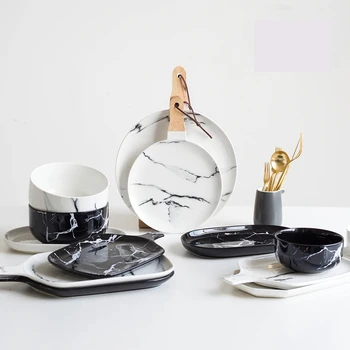 

Marble pattern porcelain platter ceramic Dinner Plate with handle dinner set marble dinnerware
