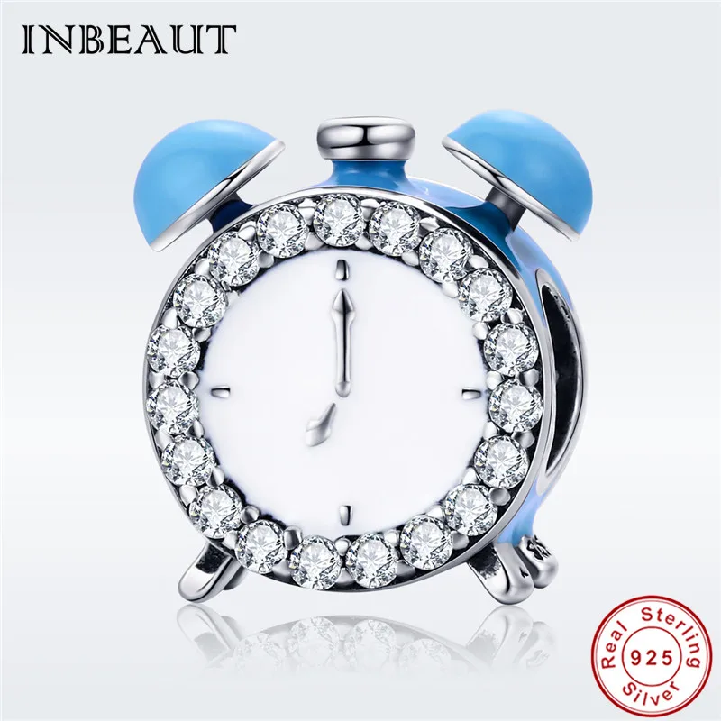 

Time Passing Beads fit Pandora Bracelet 925 Sterling Silver Blue Enamel CZ Small Alarm Clock Charms for DIY Bracelets&Bangles