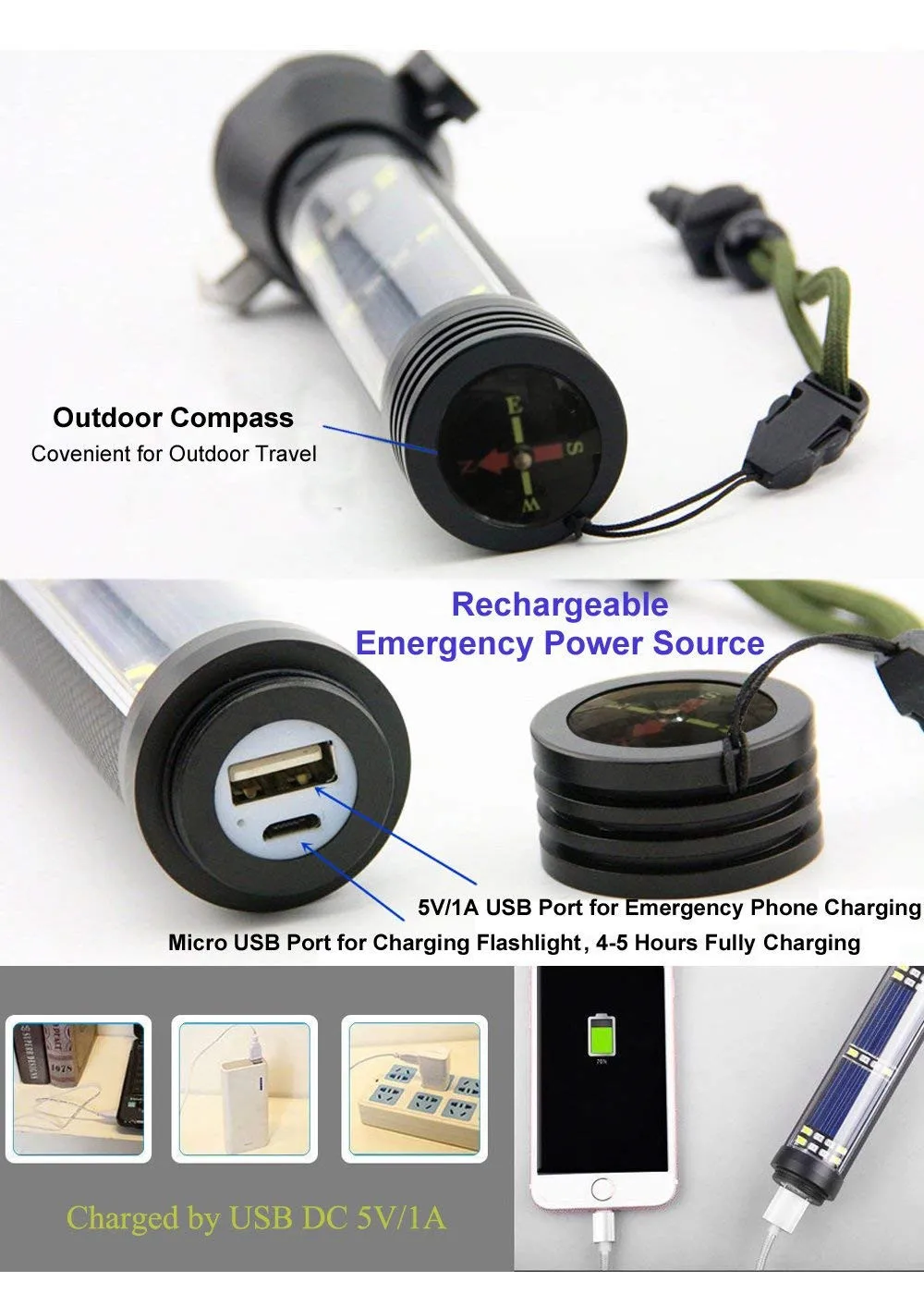 10 in1 Tactical Solar Power EDC flashlight LED w/usb Self defense Camping Outdoor survival Multi tools Glass Breaker for bike b