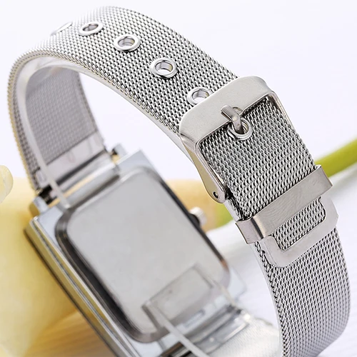 Men Women Fashion Rectangle Dial Stainless Steel Net Strap Quartz Wrist Watch 