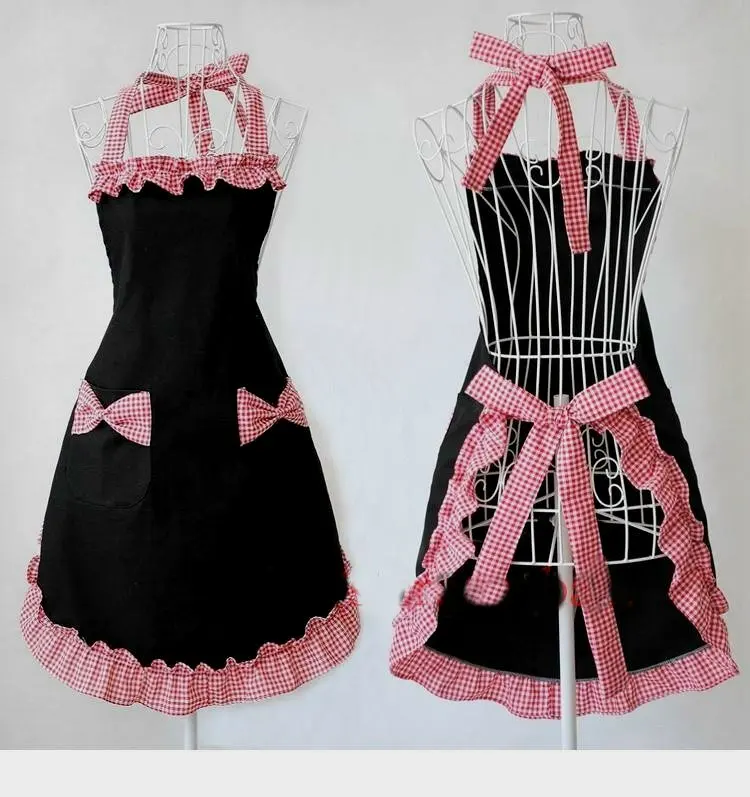 

Lady Black with pink ginham bow kitchen Cotton Apron