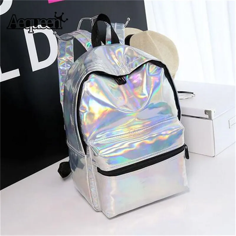 AEQUEEN Hologram Laser Schoolbag For Teenage Students Backpacks Womens PU Leather Shoulder Bookbag College Daypack Girl Mochila bookbags-for-girls