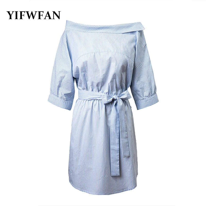 YIFWFAN Blue Striped Shirt Dress Belt One Shoulder Sexy Side Split