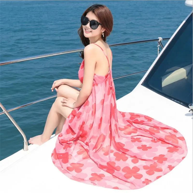 2018 Women V-neck Boho Beach Backless High Waist Slip Dresses Sleeveless Spaghetti Strap Slim Big Swing Print Vestidos CM2424 3