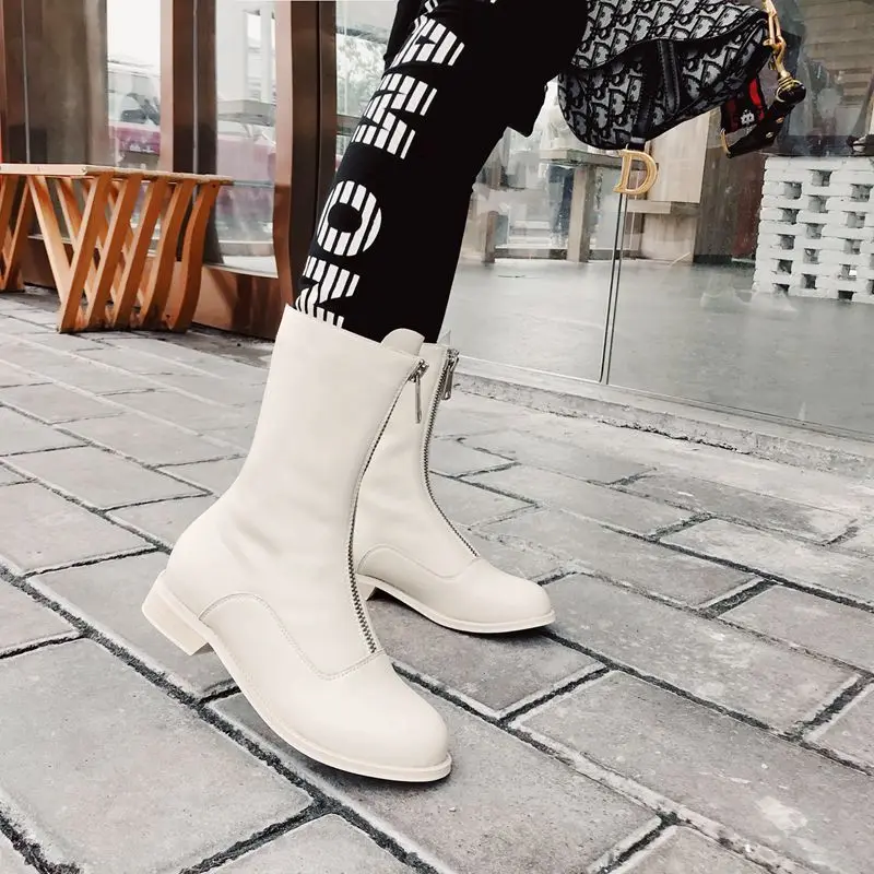 

Women's shoes ankle boots woman 2018 winter fall genuine leather zipper shoes punk short plush riding equestr boots rice white40