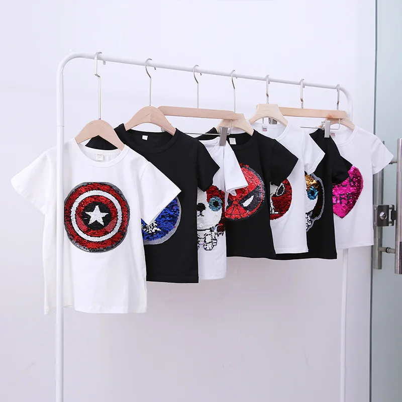 Changing color spiderman Captain America switchable sequins boys T-shirts kid fashion t shirt children tops clothes