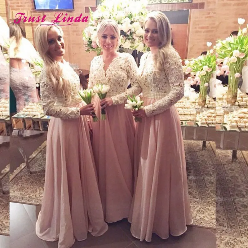 Розовые платья подружки невесты длинные трапециевидные с v-образным вырезом длиной до пола шифоновые платья подружки невесты для свадеб Brautjungfernkleid