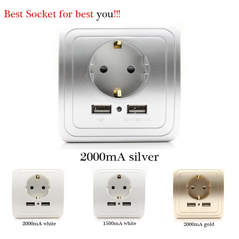 

Best Dual USB Port 2000mA Wall Charger Adapter EU Socket With Usb Power Outlet Panel