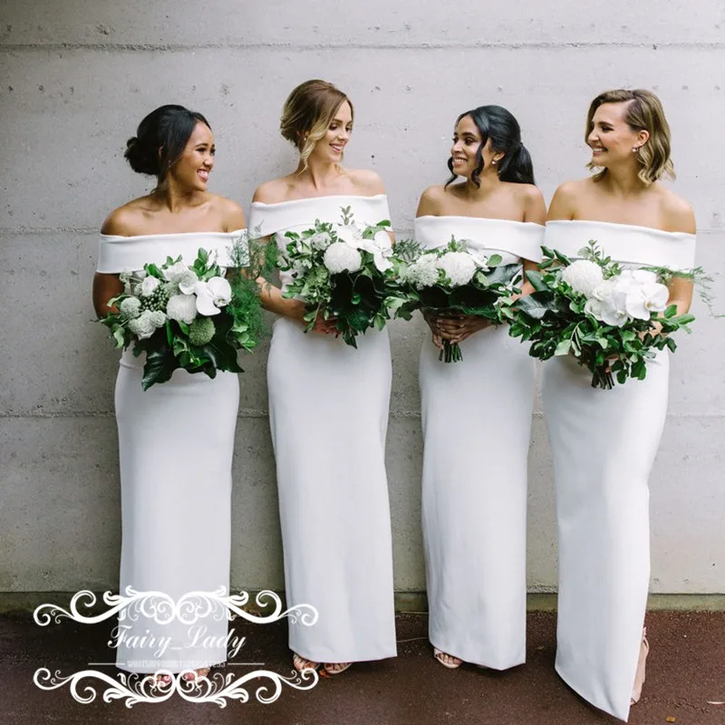 

Fashion Off Shoulder Bridesmaid Dresses With Short Sleeves 2018 White Stain Long Sheath Party Dress Maid Of Honor For Wedding