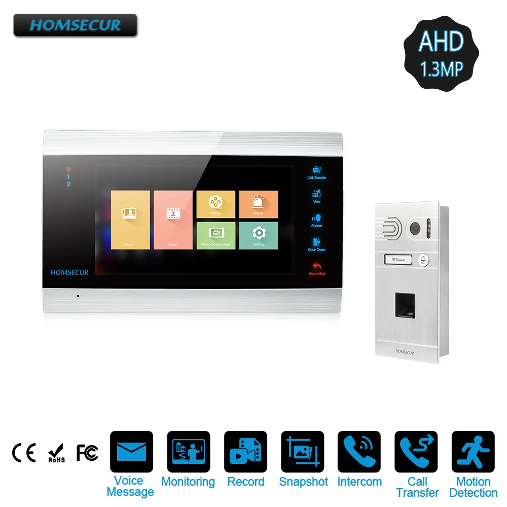 HOMSECUR 960P AHD1.3MP 7\ Wired Video Door Phone Intercom System with Fingerprint Camera, Motion Detection(BM705HD-B+BC061HD-S)