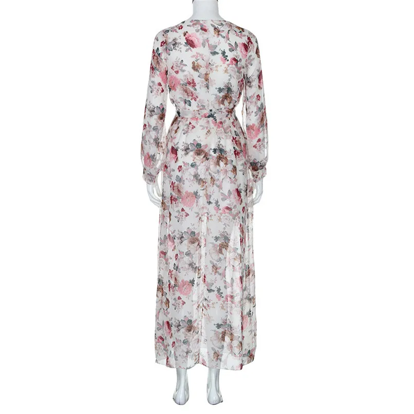 Womens Boho Style Floral Print Splits Long Dress Ladies Casual Short Sleeve V Neck Chiffon White Summer Dresses 2018 40SP27 8