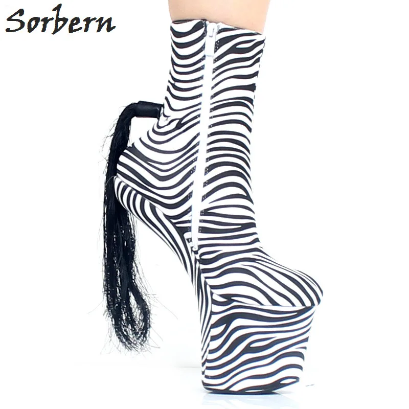 Sorbern BDSM Zabra/Ботинки на каблуке-копытце с хвостом для костюмированной вечеринки; ботинки королевы на высоком каблуке под платье; женская обувь унисекс; большие размеры