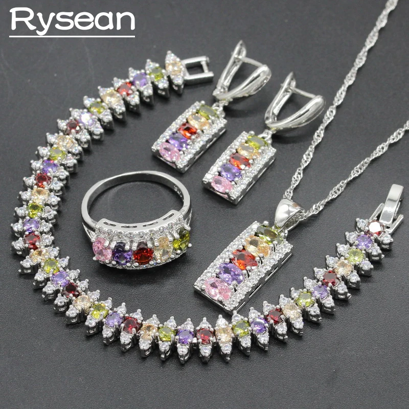 

4PCS 925 Silver Jewelry Sets Multi color Zirconia For Women Necklace Pendant Bracelet Ring Dangle Earrings