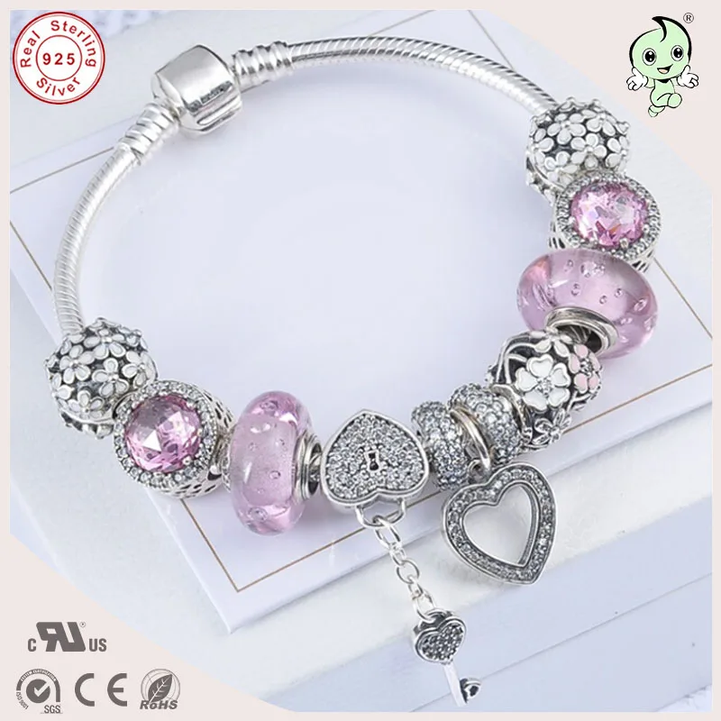 

High Quality European Popular Shinning Pink Murano Charm Series 925 Real Silver Charm Bracelet For Girls