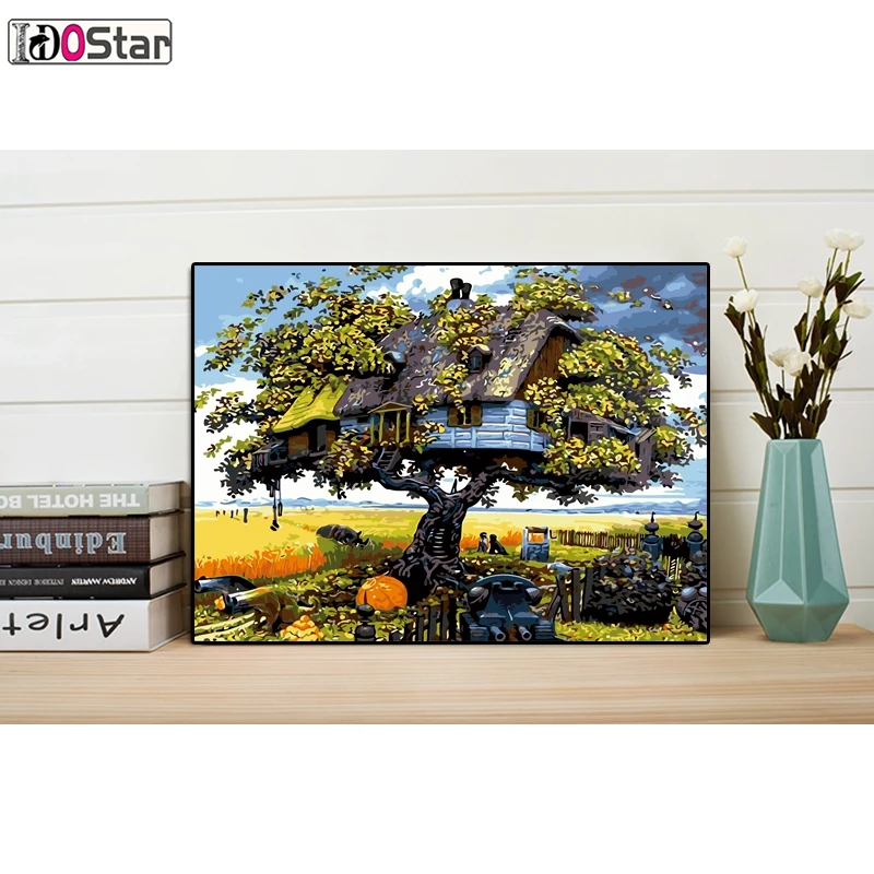 Дерево картины с домом, гармония симбиоз, DIY картина маслом по номерам, холст живопись для гостиной стены искусства домашний декор
