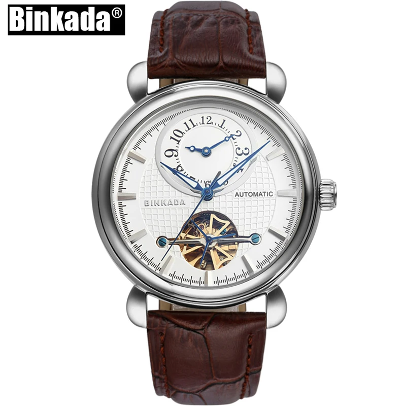 

Mens Watches Automatic Mechanical Watches BINKADA New Skeleton Toubillon Relogio Homme Male Dual Time Watch