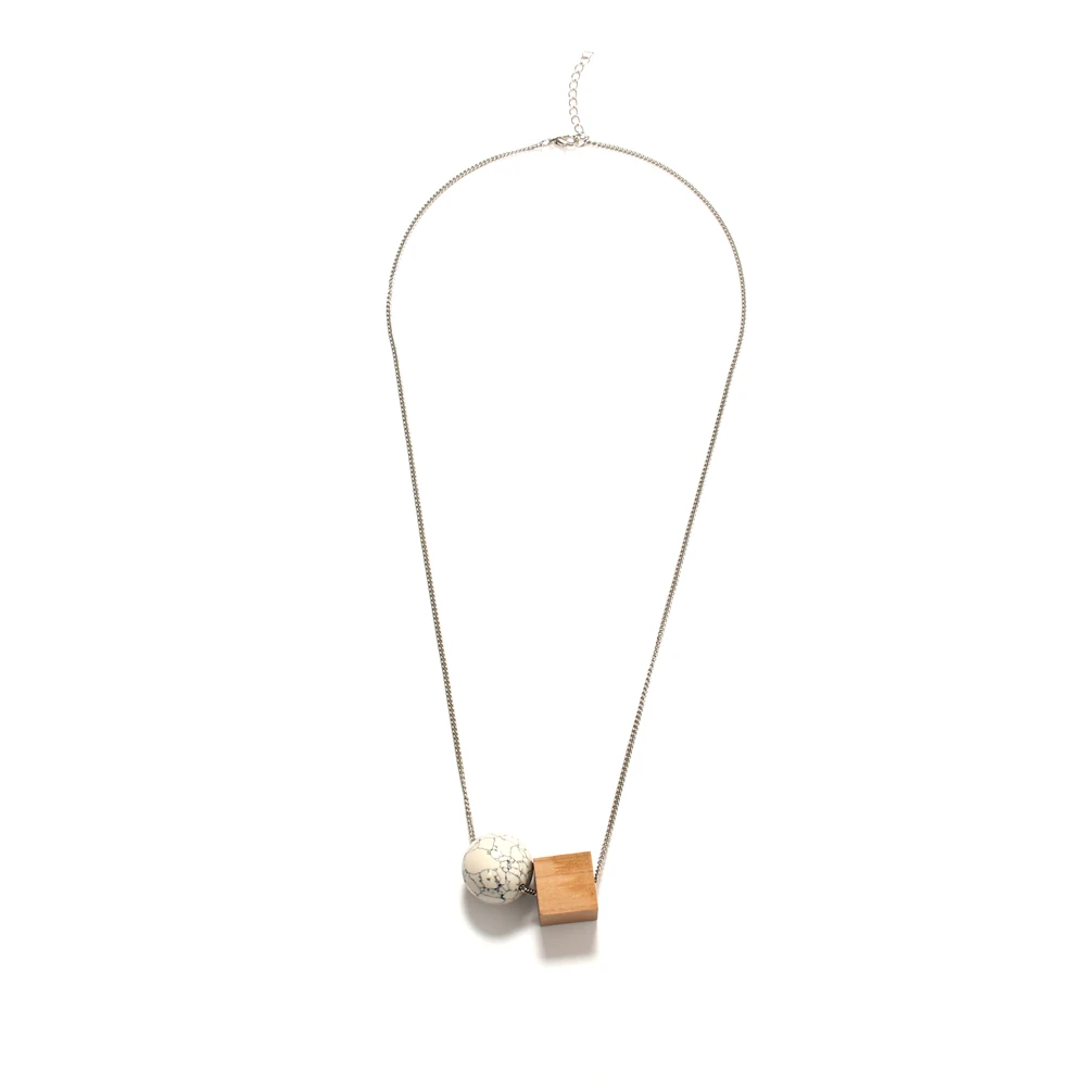 Necklace geometry round white square wood combination pendant long necklace