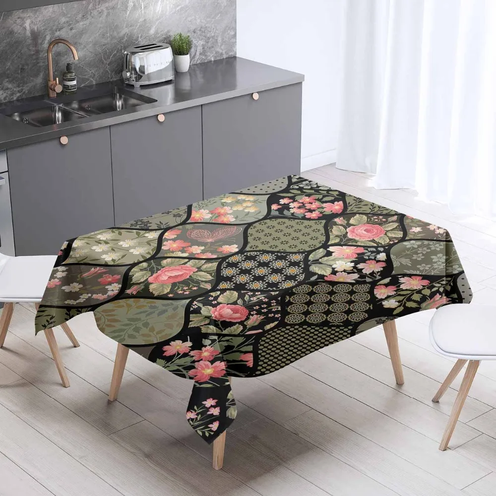 

Else Black Green Patchwork Flowers Floral Pink Rose 3d Print Washable Thicken Cotton Cloth Rectangular Square Kitchen Tablecloth