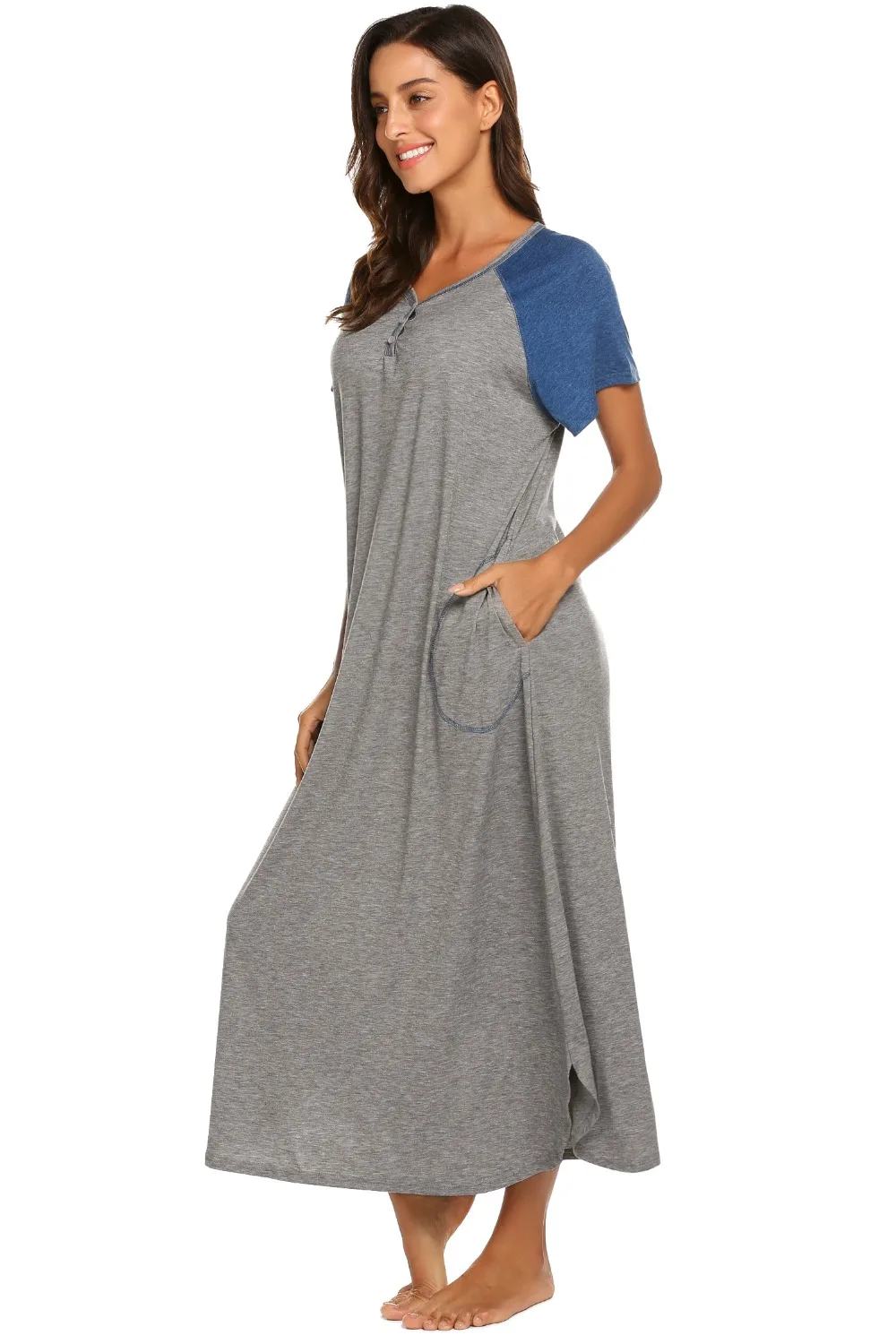 Ekouaer Для женщин Ночная сорочка пижамы платье v-образным вырезом короткий рукав Лоскутная Длинная Ночная сорочка ночная рубашка мягкая