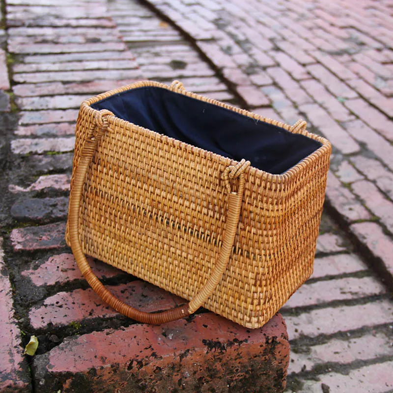 Women Straw Bags Female Summer Beach Weave Handbag Lady Handmade Bamboo Vintage Bag Portable Retro Lining Bag Tote SS3145 (5)