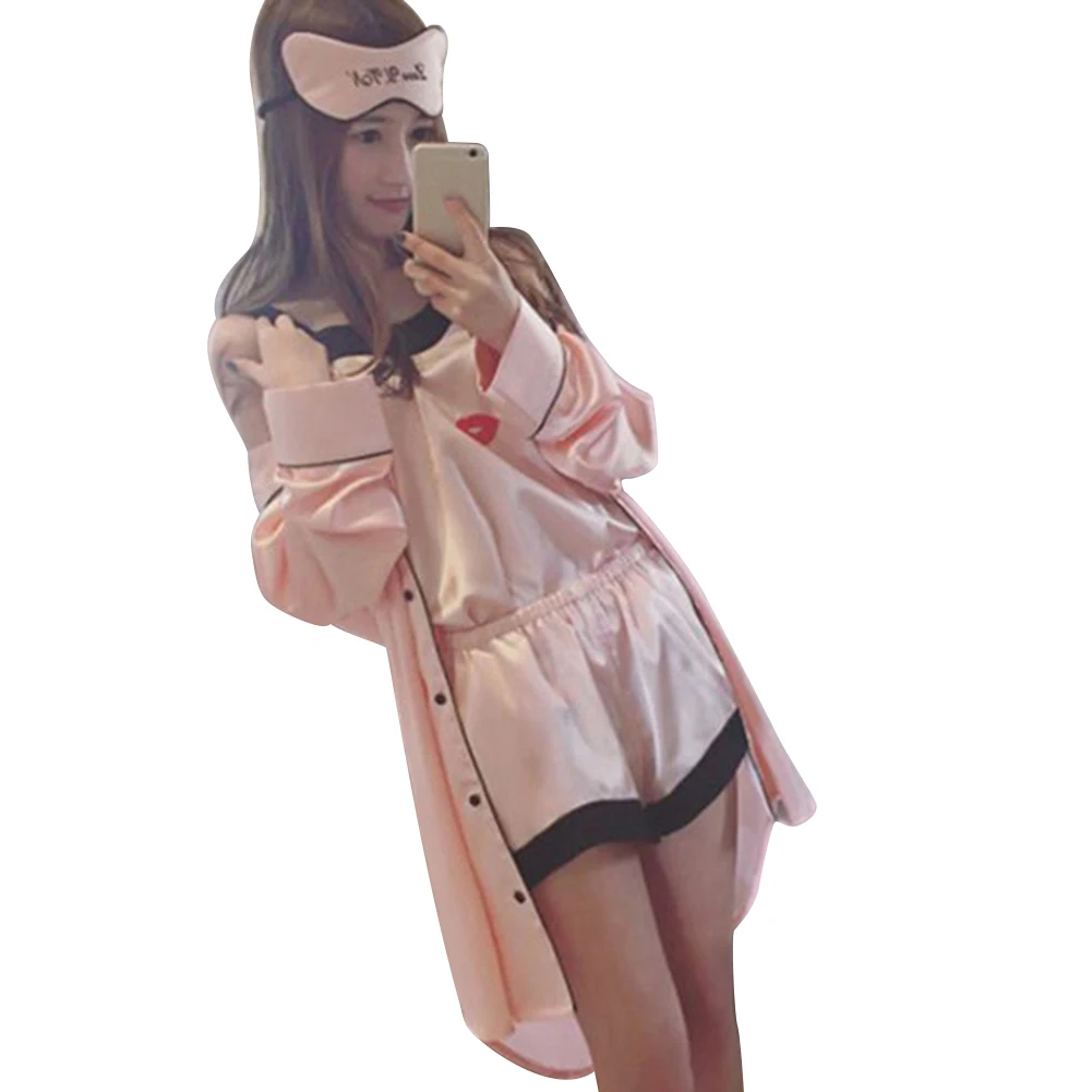 

4 Pieces Women Summer Pajamas Top Shorts Robe Eye Mask Sleepwear Clothing Set