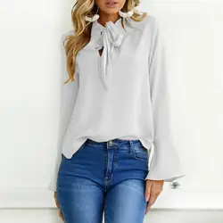 Blusas Top 2019 Весенняя мода длинный расклешенный рукав шнуровка галстук-бабочка Свободный пуловер элегантный ретро однотонный мешковатый