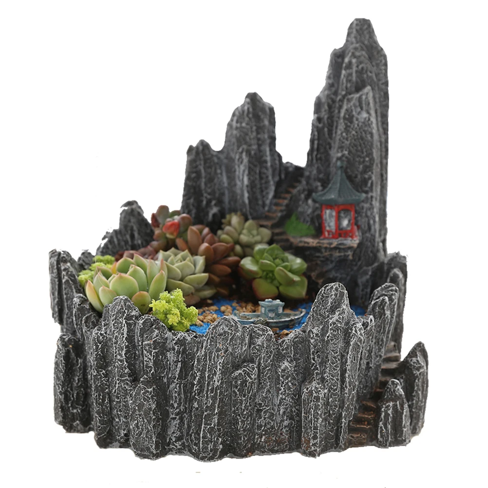 

OULII Simulation Miniature Rock Mountain Hill Cliff Flower Succulent Plants Pot Holders Plant Garden Pots Sculpture Planter