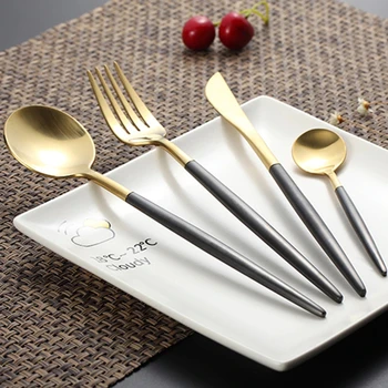 

Best Hot Sale 4 Pcs/set Black Gold Dinnerware Set 304 Stainless Steel Western Cutlery Set Kitchen Food Tableware Dinner Set