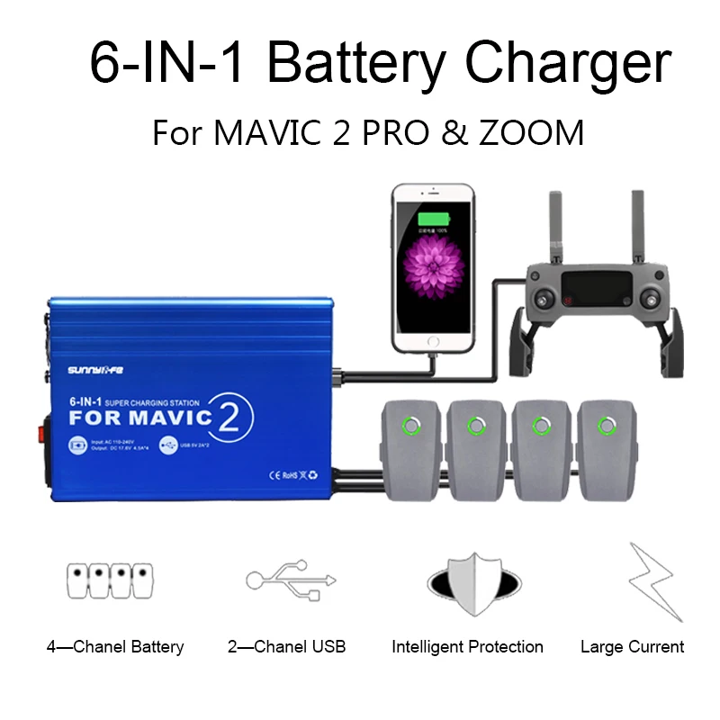 

Mavic 2 Drone Battery Charger 6in1 Charging Hub for DJI Mavic 2 Pro /Zoom Intelligent Battery Car Charging Adapter EU Plug